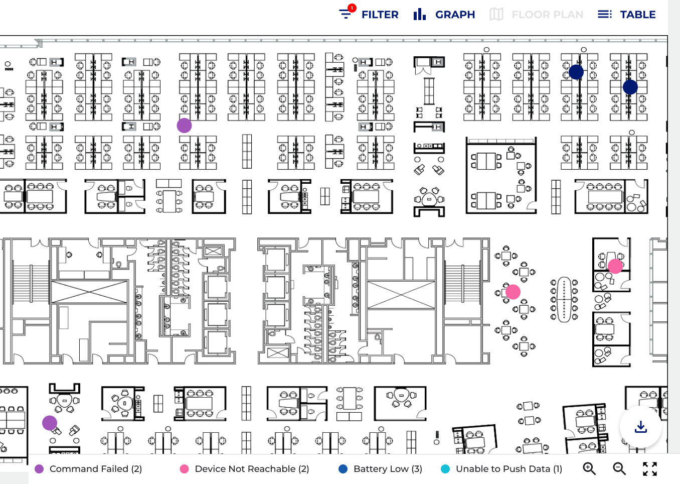 Today's problems shown as colored pins on a live floor plan, so you can see exactly where each one is