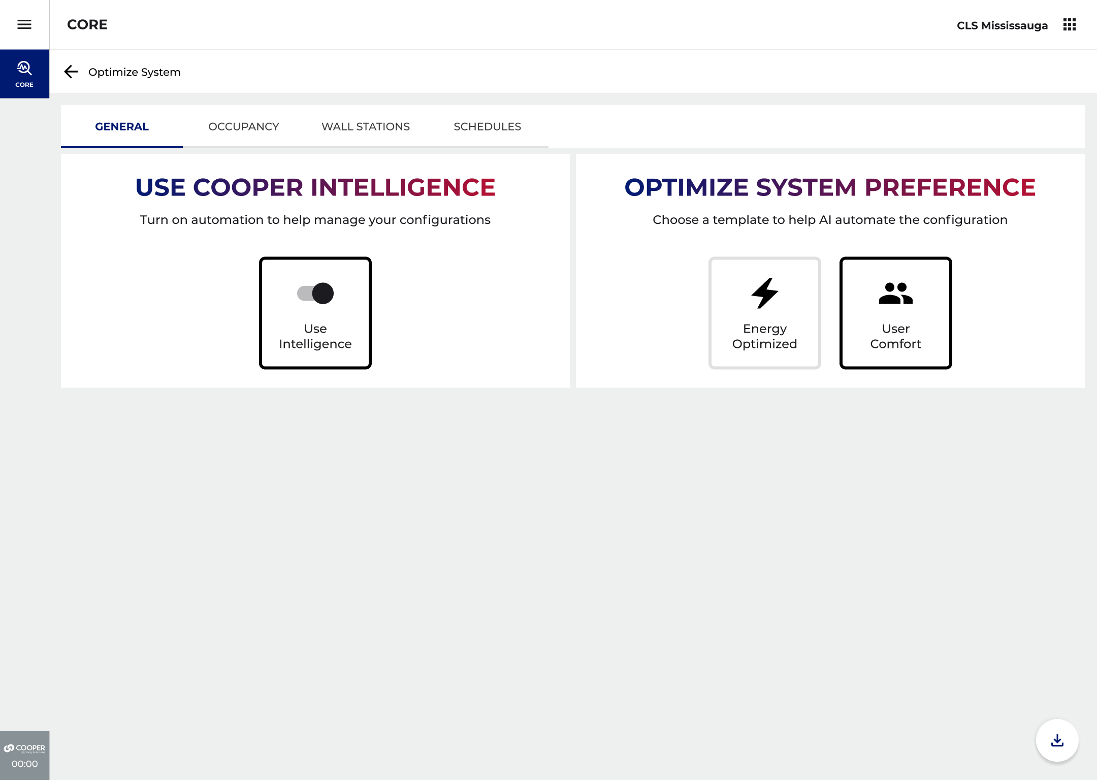 Optimize System screen with Use Cooper Intelligence toggle and templates