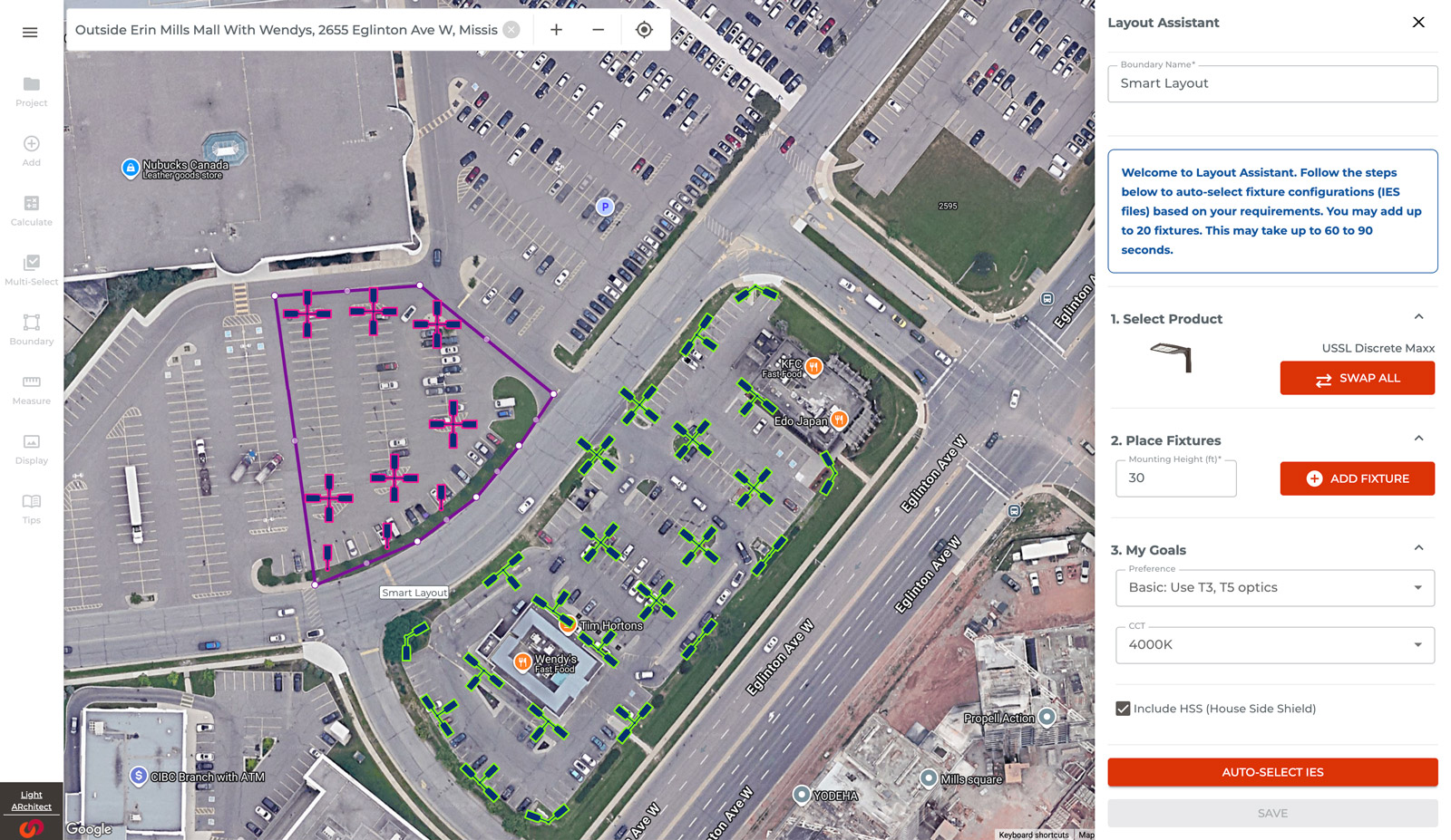 Smart Layout Area Wizard auto-placing fixtures on a site map