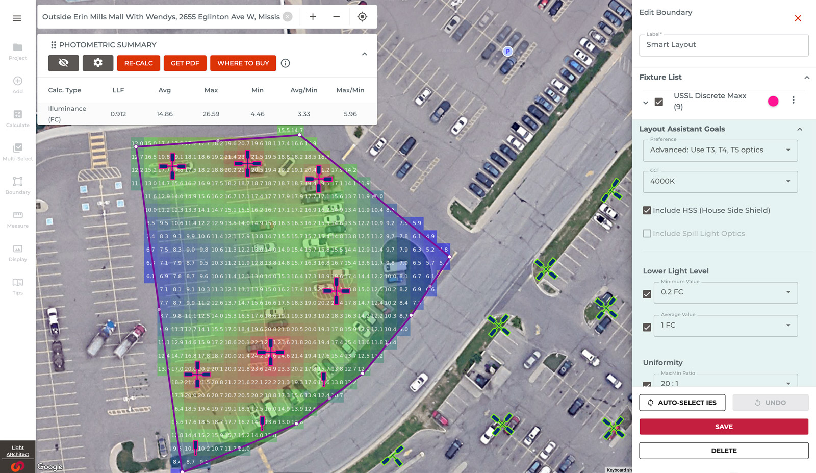 Smart Layout boundary editor in CORE with layout-assistant goals for optics, CCT, illuminance and uniformity