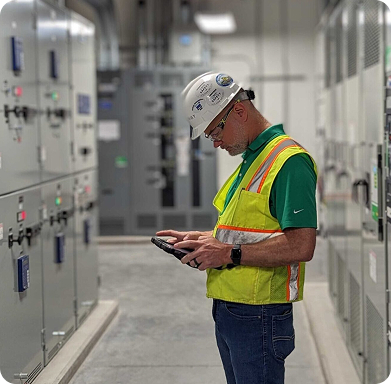 Field technician using a handheld in an electrical room
