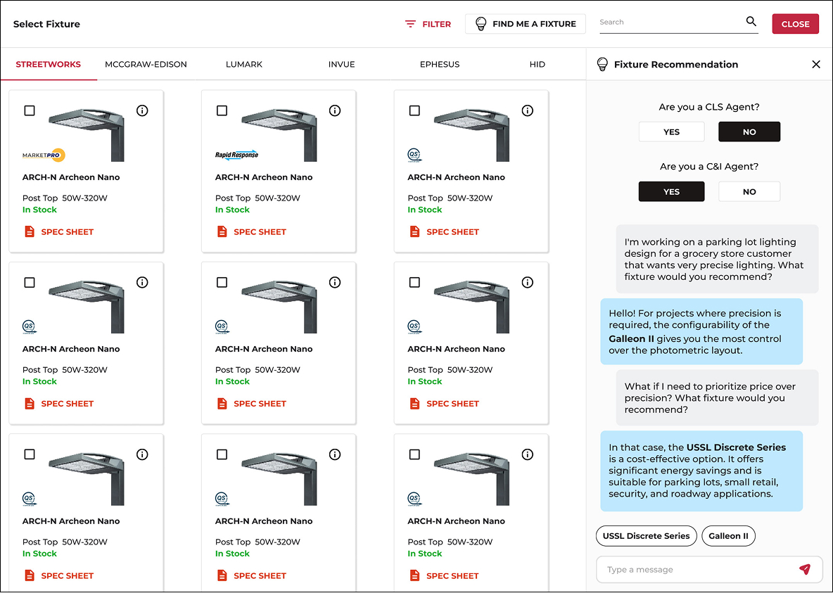 Select Fixture with conversational AI recommendation panel