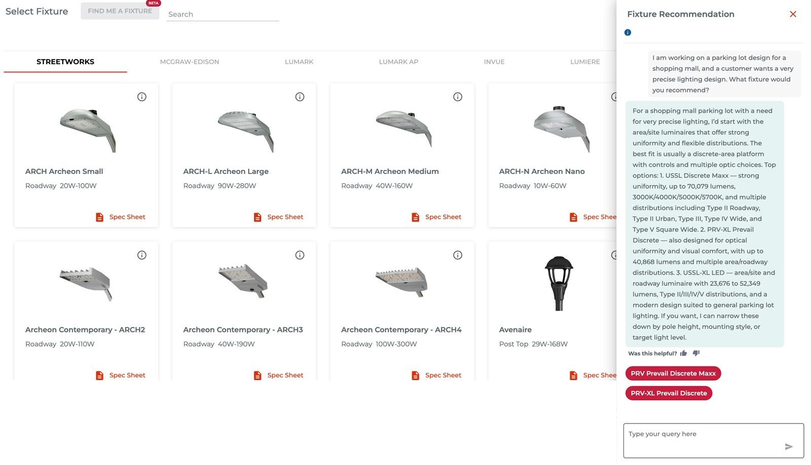 Select Fixture with conversational AI recommendation panel