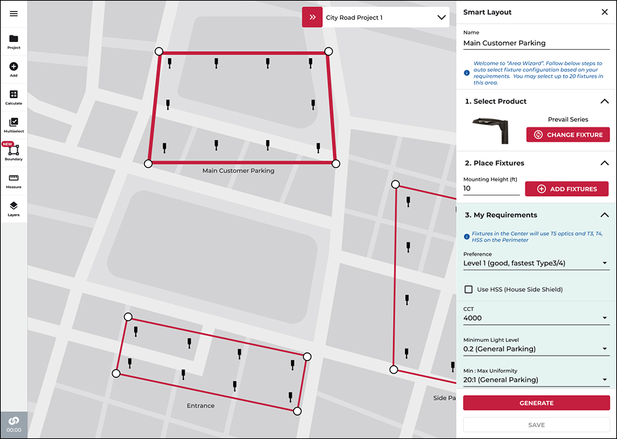 Smart Layout Area Wizard auto-placing fixtures on a site map