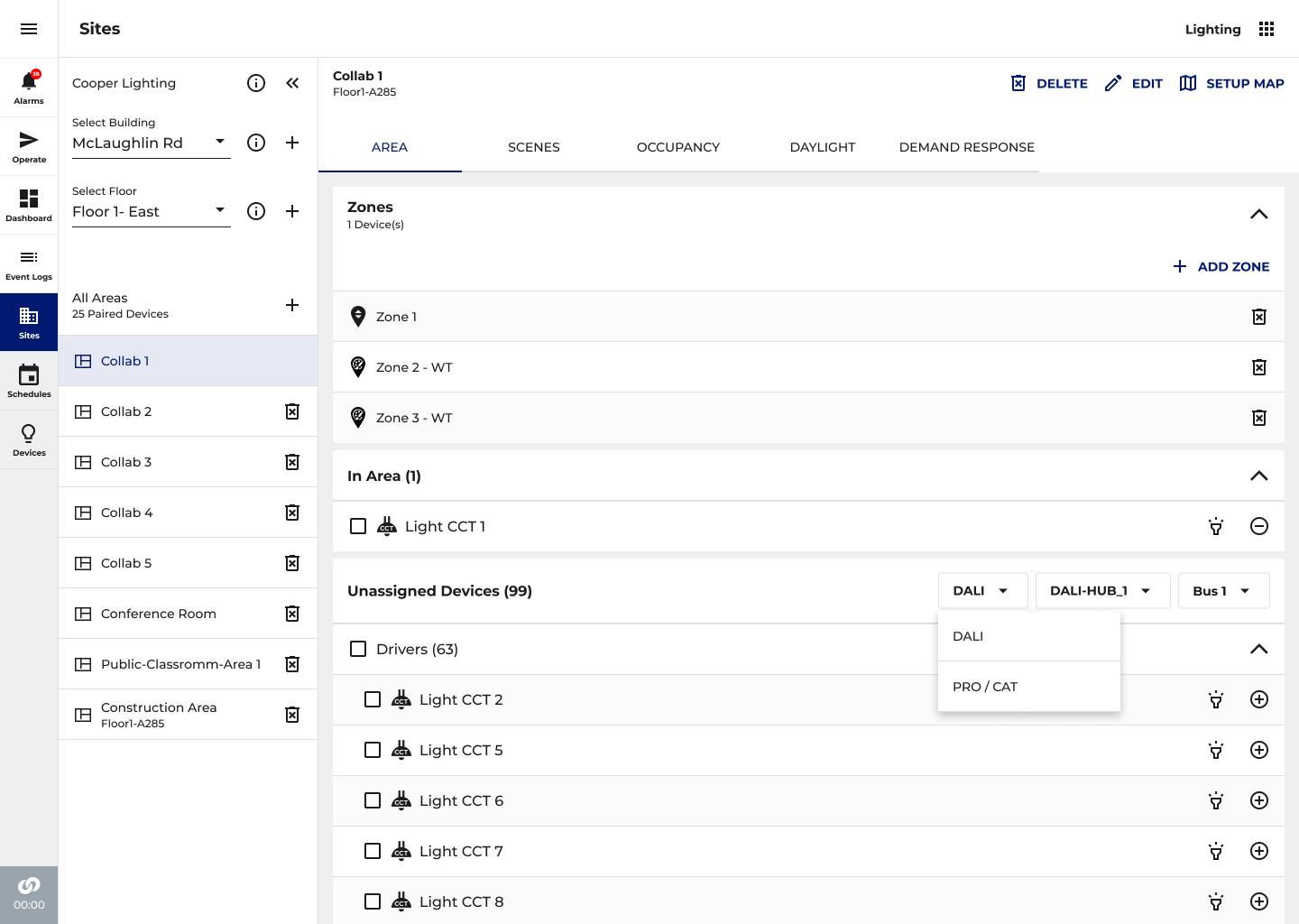Setting up one room in the app: the lights and switches for that room, picked from a single control box