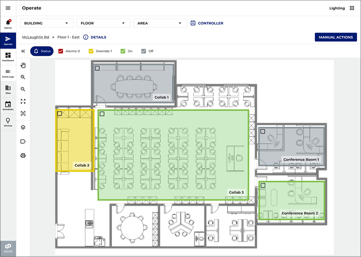 WaveLinx Operate floor plan, rooms color-coded by lighting state