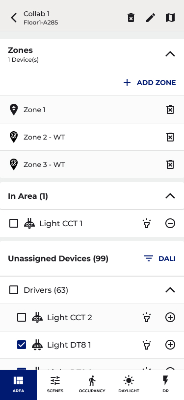 WaveLinx mobile Sites, Collab 1 area with zones and unassigned DALI devices