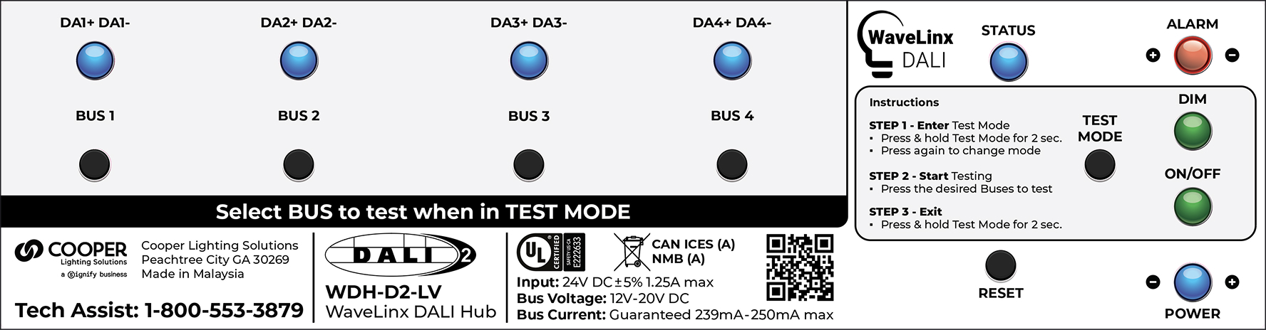 Press-ready DALI-2 Lighting System hub hardware label, die-cut and spec-complete with test-mode instructions