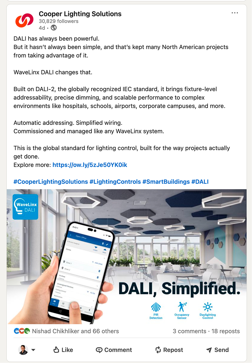 Cooper Lighting Solutions post on LinkedIn titled “DALI, Simplified,” using a picture of the finished setup app as its main image