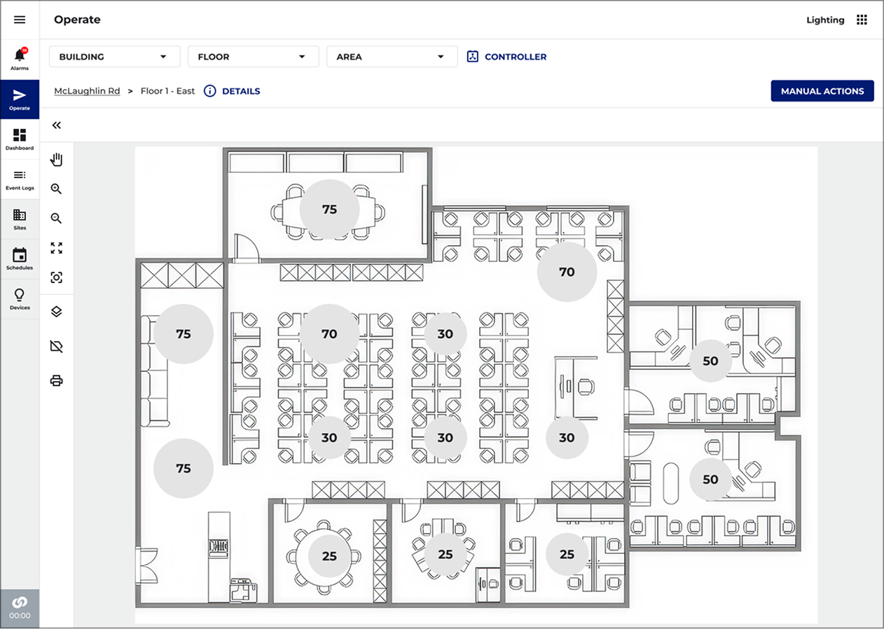 Clustered floor plan showing device counts per area, readable at floor zoom