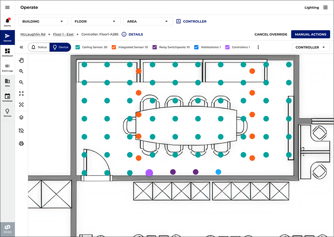 Device-level floor plan with individual devices color-coded by type