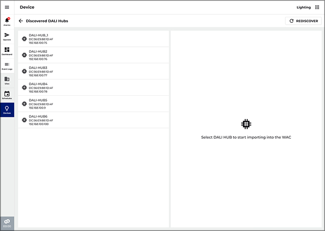 Discovered DALI hubs, each found automatically by name, MAC and IP