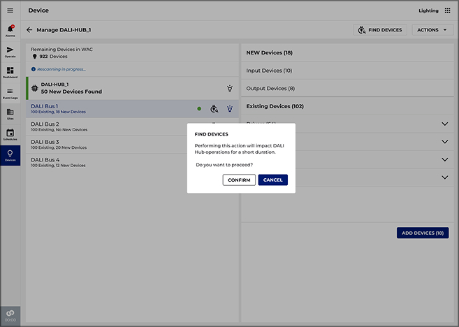 Find Devices, a guarded confirmation dialog before rescanning a live hub