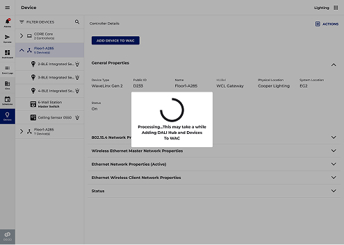 Real V1 blocking modal, Processing Adding DALI Hub and Devices to WAC, over a frozen interface