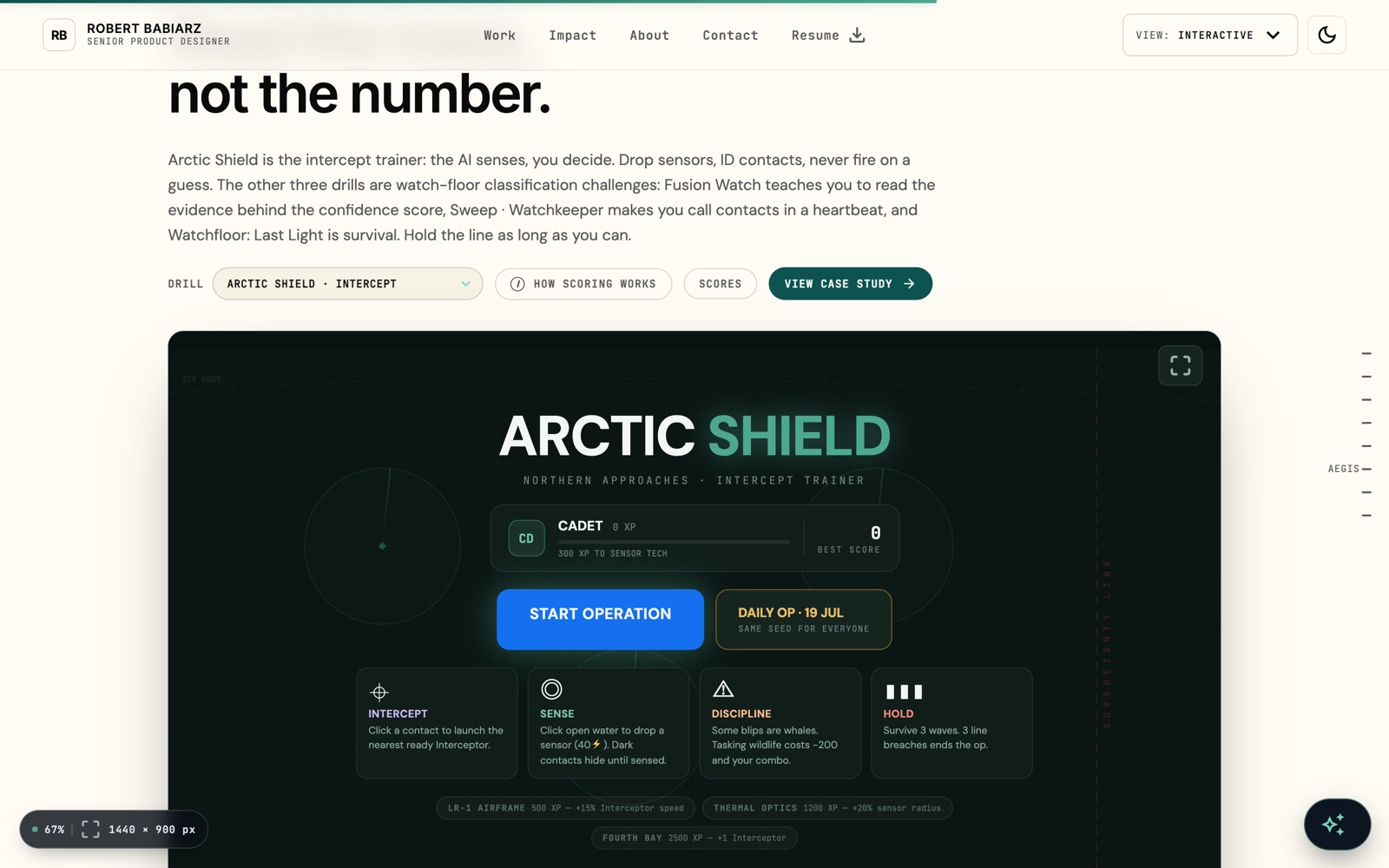 The AEGIS watch-floor drill on the homepage: radar sweep, contact receipts with source pips and dissent, CLEAR/HOLD/TAG verb rail