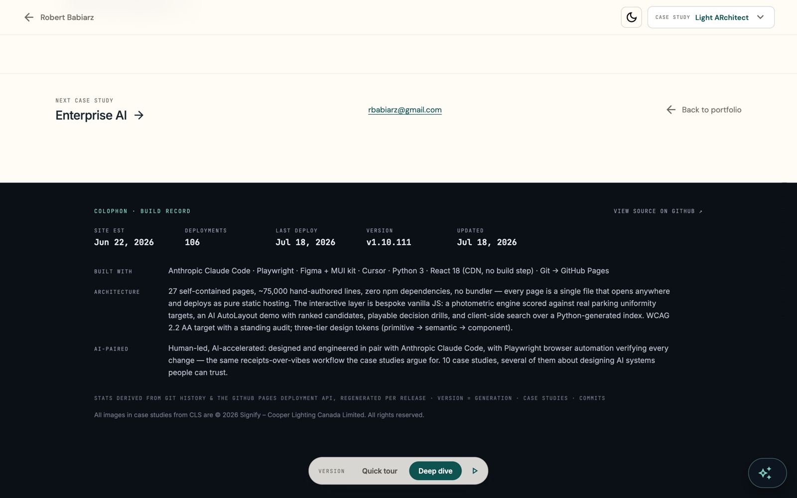 The site's build record at the bottom of a case study: established date, deployment count, version, toolchain, and image-rights lines on a dark navy strip
