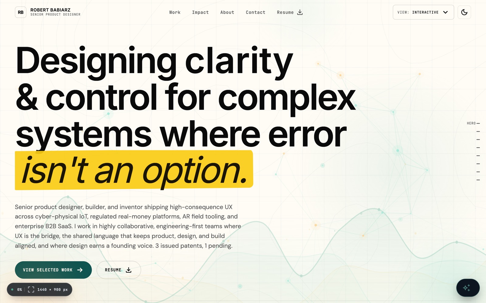 Interactive homepage variant: warm paper canvas, dark ink typography, teal accent, contour-line backdrop