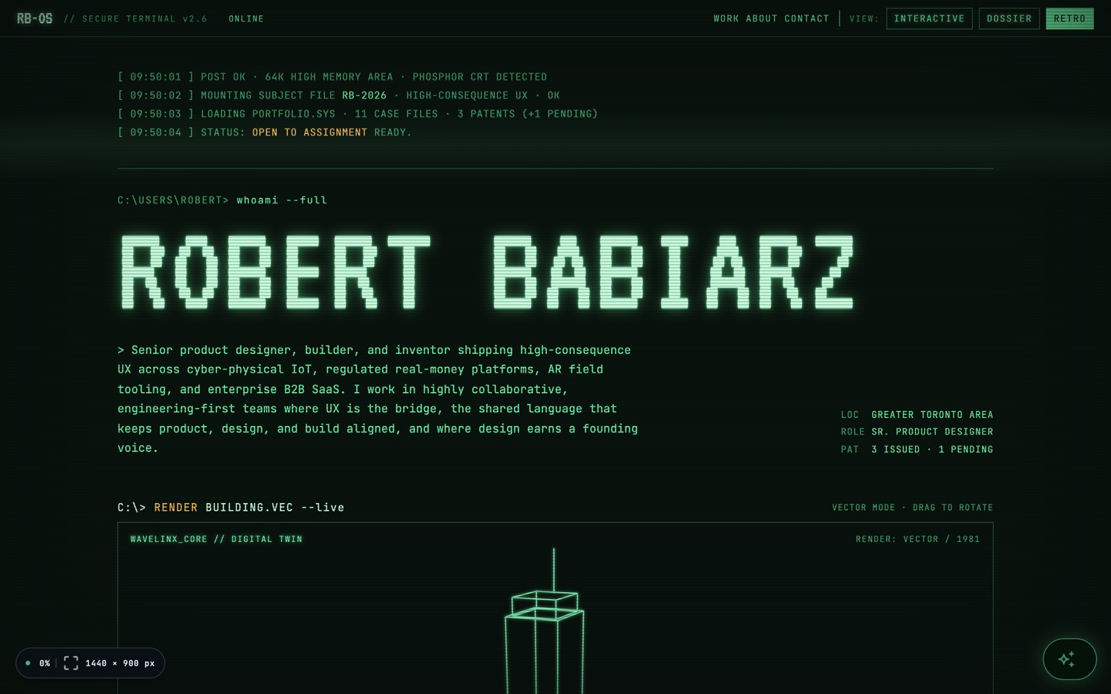 Retro homepage variant: CRT terminal with phosphor-green boot log, VT323 pixel headline, scanline overlay