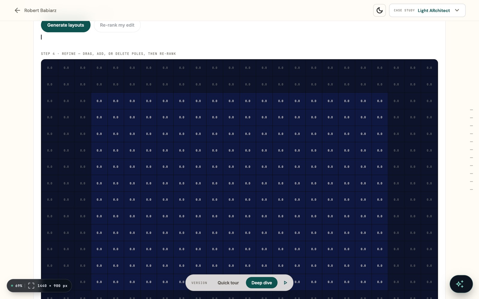 The Light ARchitect AI AutoLayout demo: ranked candidate layouts over a footcandle grid with goals and constraints