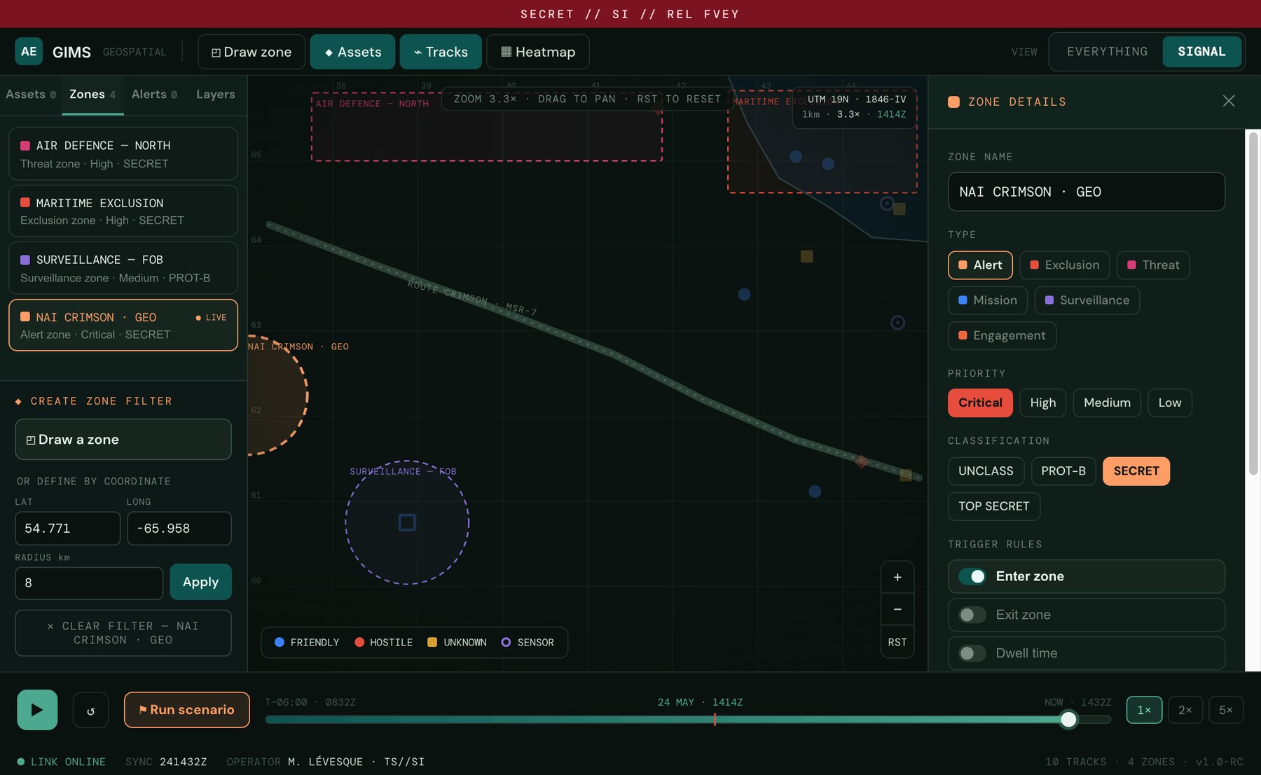 Defining the zone by coordinates, with type, priority, classification and trigger rules