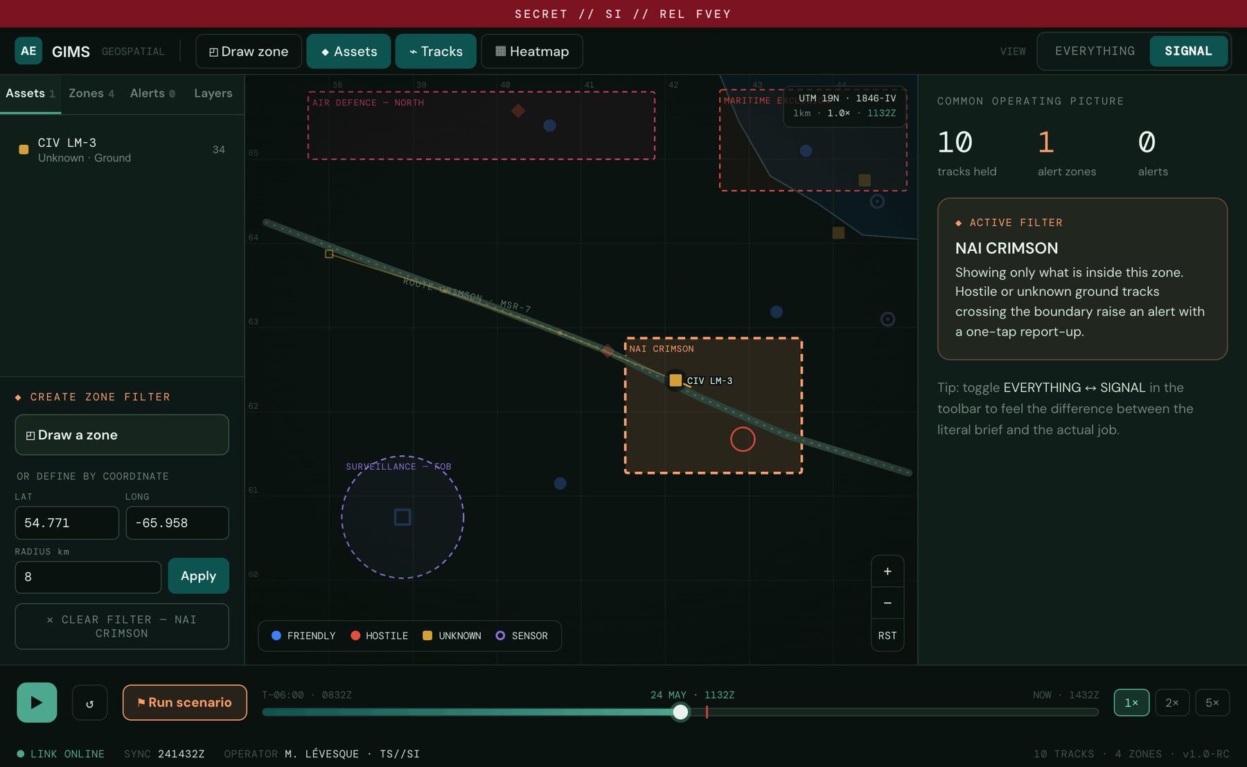 AEGIS GIMS common operating picture with a named area of interest drawn over Route Crimson