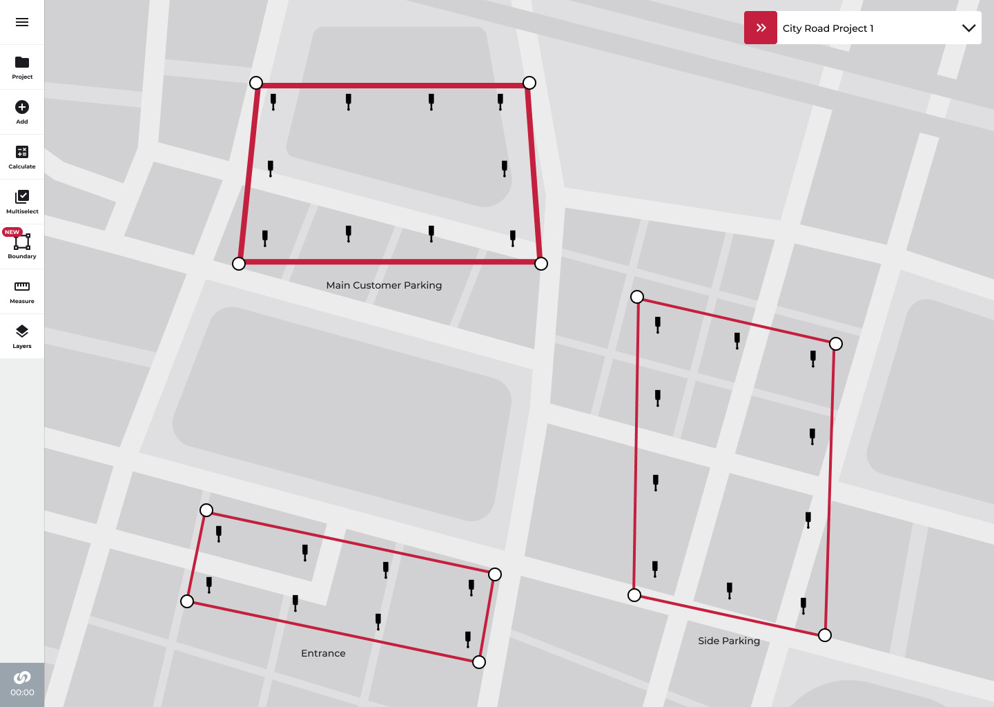 Three named boundary areas drawn over a satellite site, each with its own pole placements
