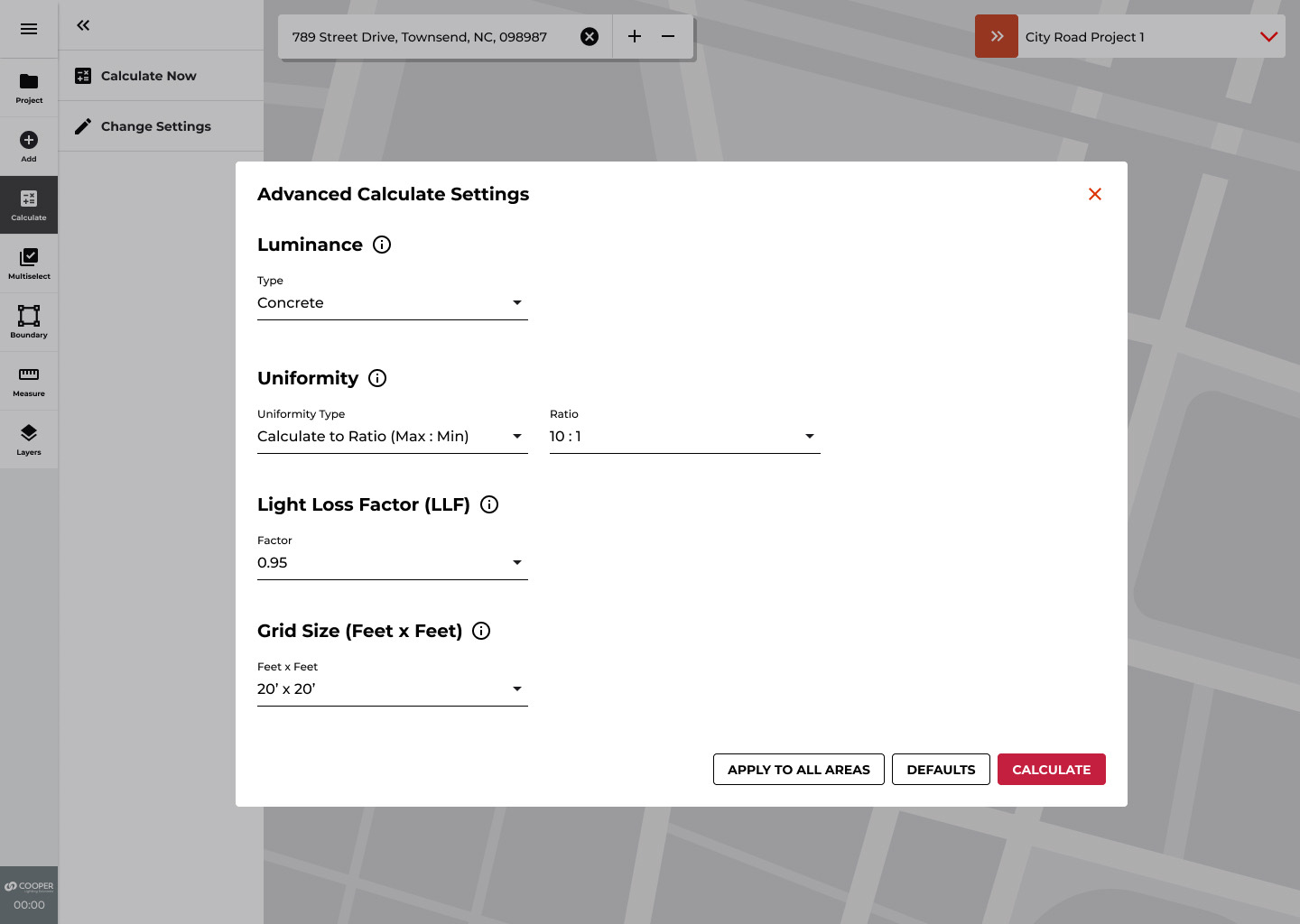 Advanced calculation settings exposing uniformity ratio, light loss factor, and grid size