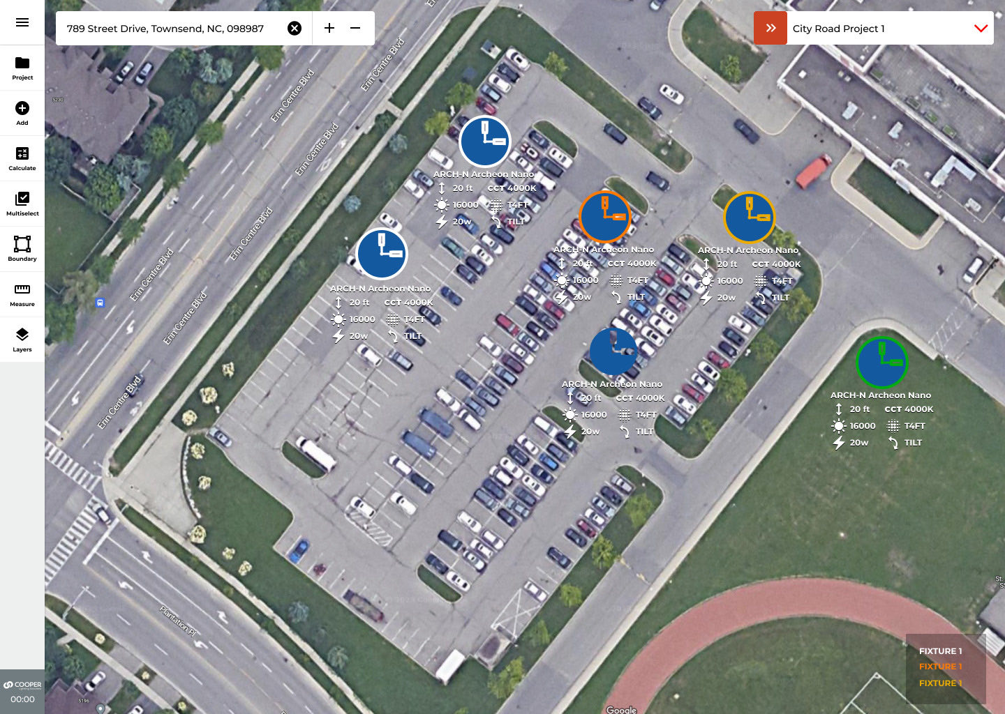 Light ARchitect satellite view of a real parking lot with six Archeon Nano fixture markers, each labeled with 20 ft mounting height, CCT 4000K, 16,000 lumens, 20 W, and a T4FT optic