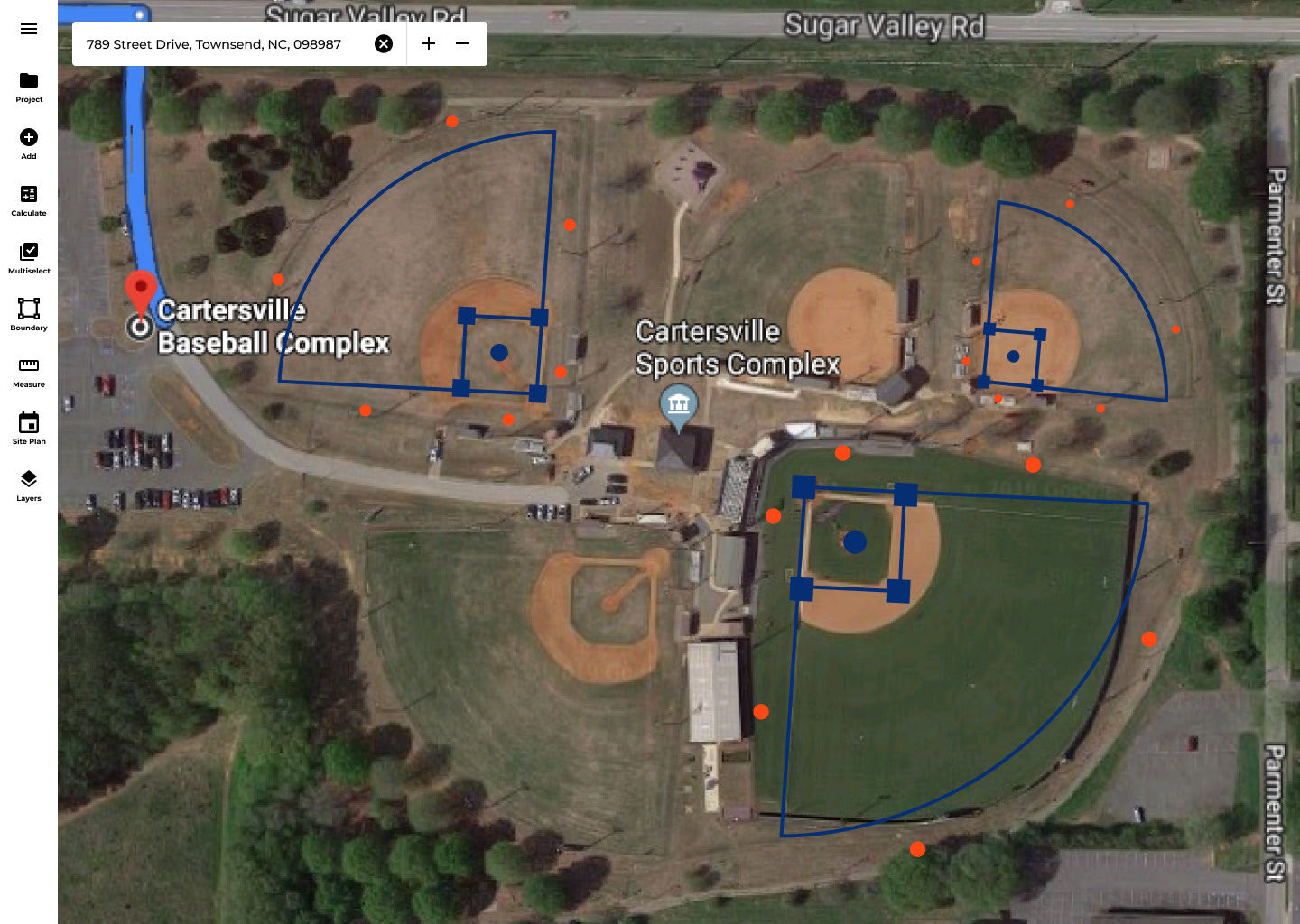 A multi-field baseball complex on satellite imagery with lighting templates applied to several fields