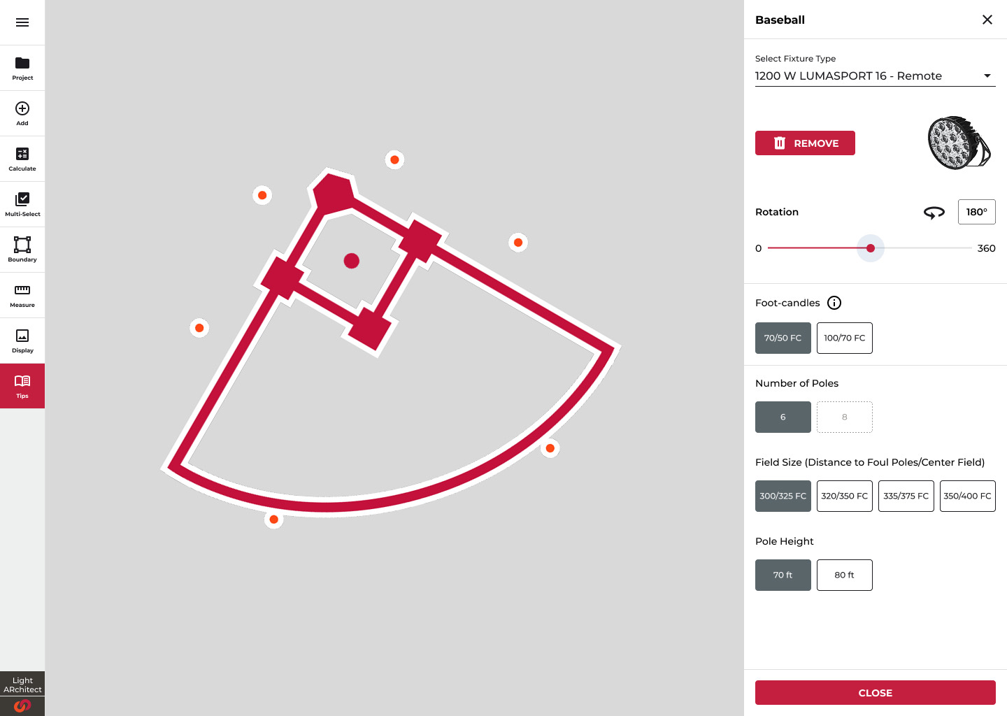Sports template configuration: fixture selection, rotation, foot-candle class, pole count, and field size