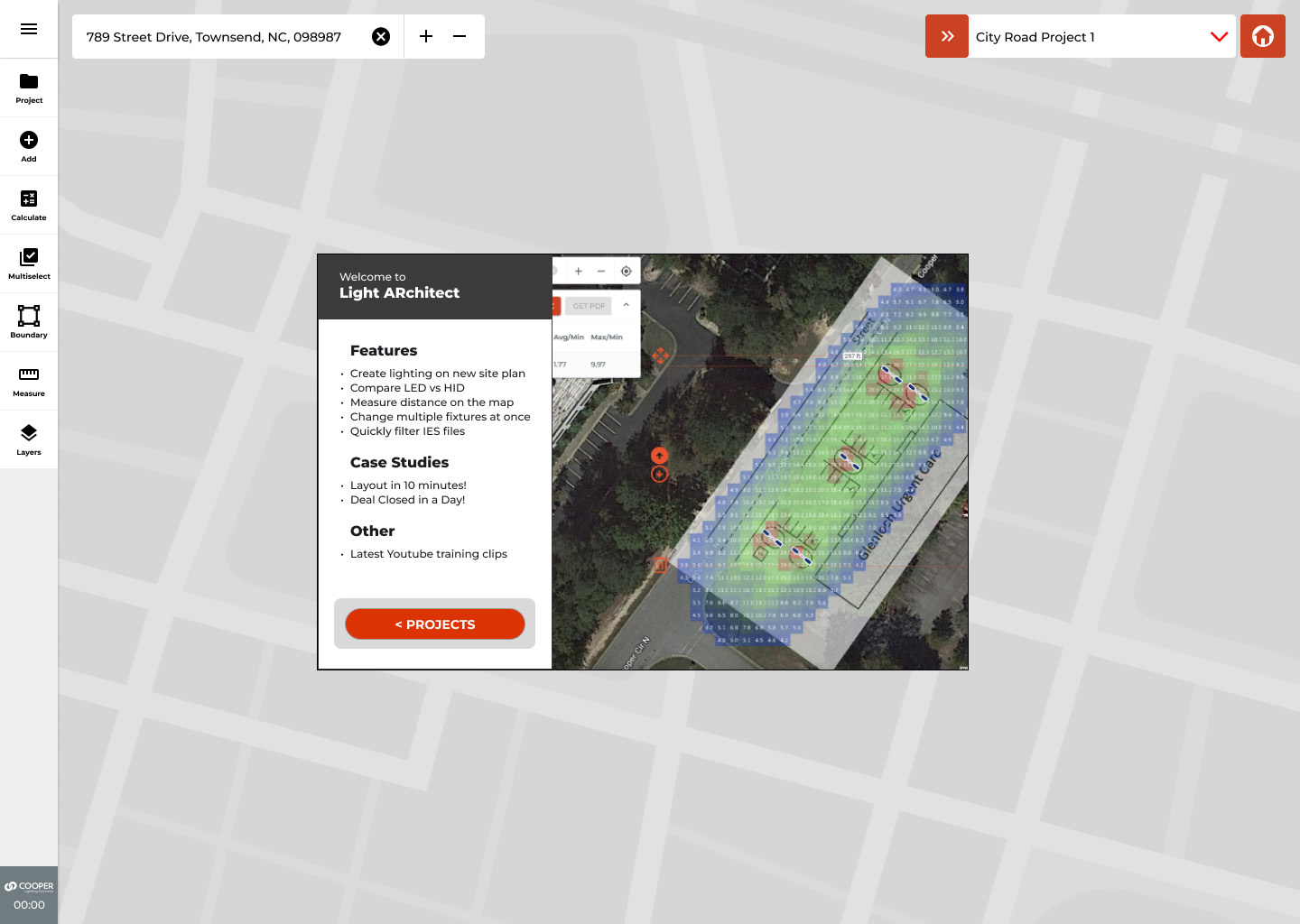 Light ARchitect welcome card over a live footcandle-grid design, listing features and the product's own customer stories: layout in 10 minutes, deal closed in a day