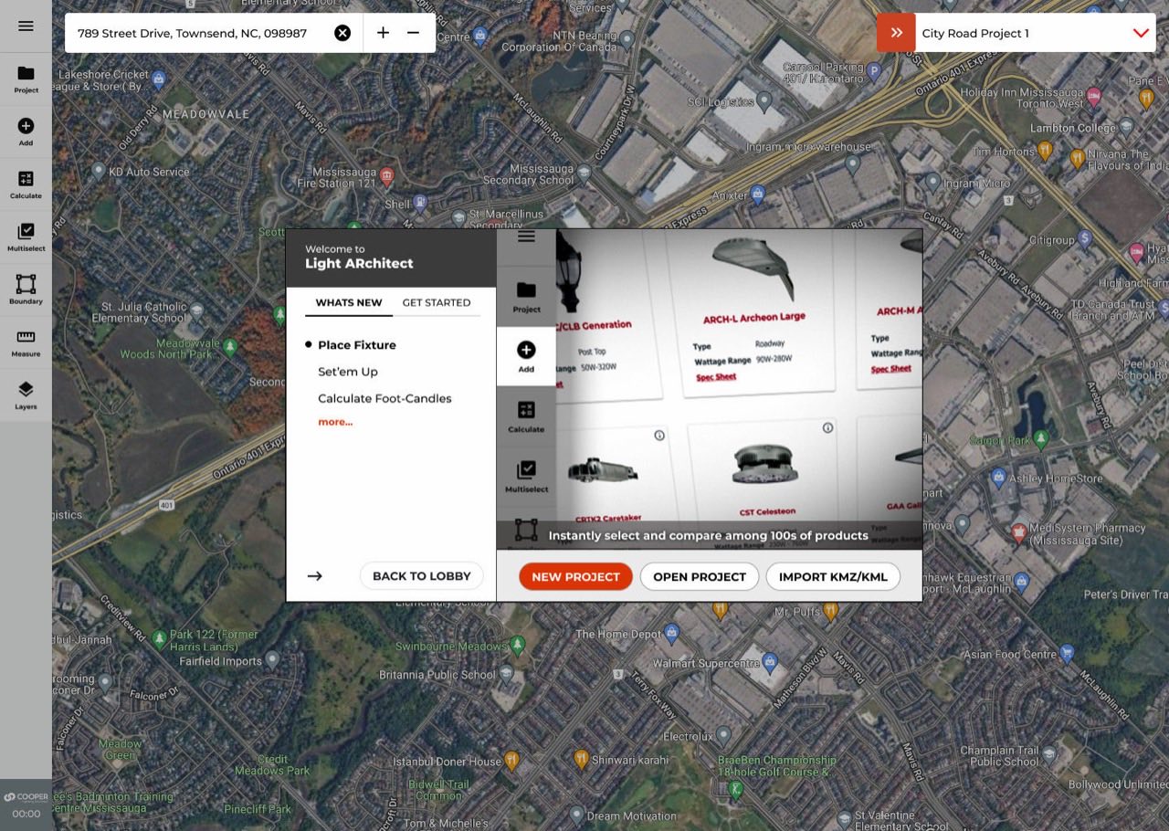 Light ARchitect web app welcome screen over a live satellite map, with feature list including create lighting on a new site plan and compare LED vs HID
