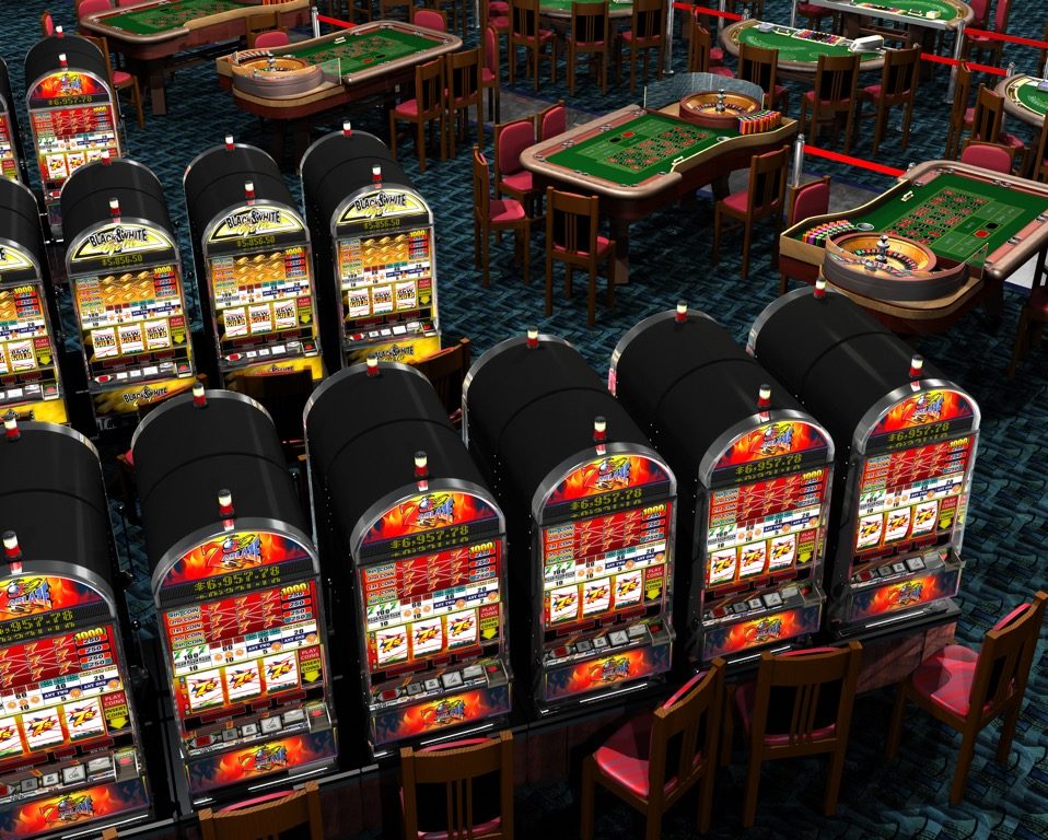 3D-rendered casino floor with slot banks, roulette, and blackjack tables