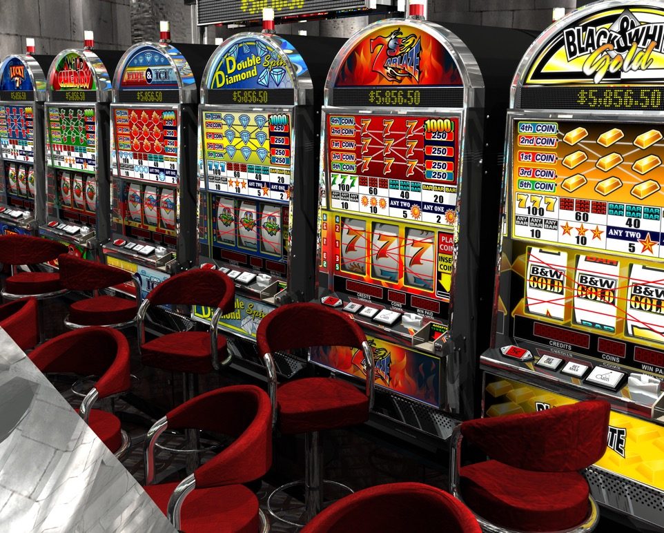 3D-rendered row of slot machines with red upholstered stools