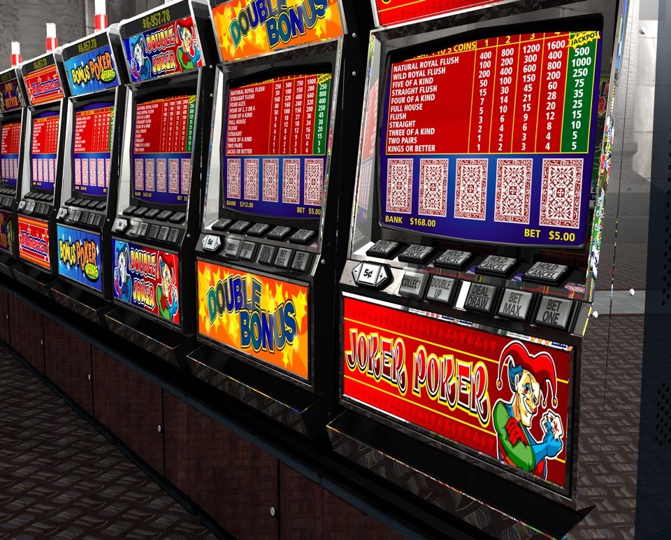 3D-rendered row of video poker machines with legible pay tables