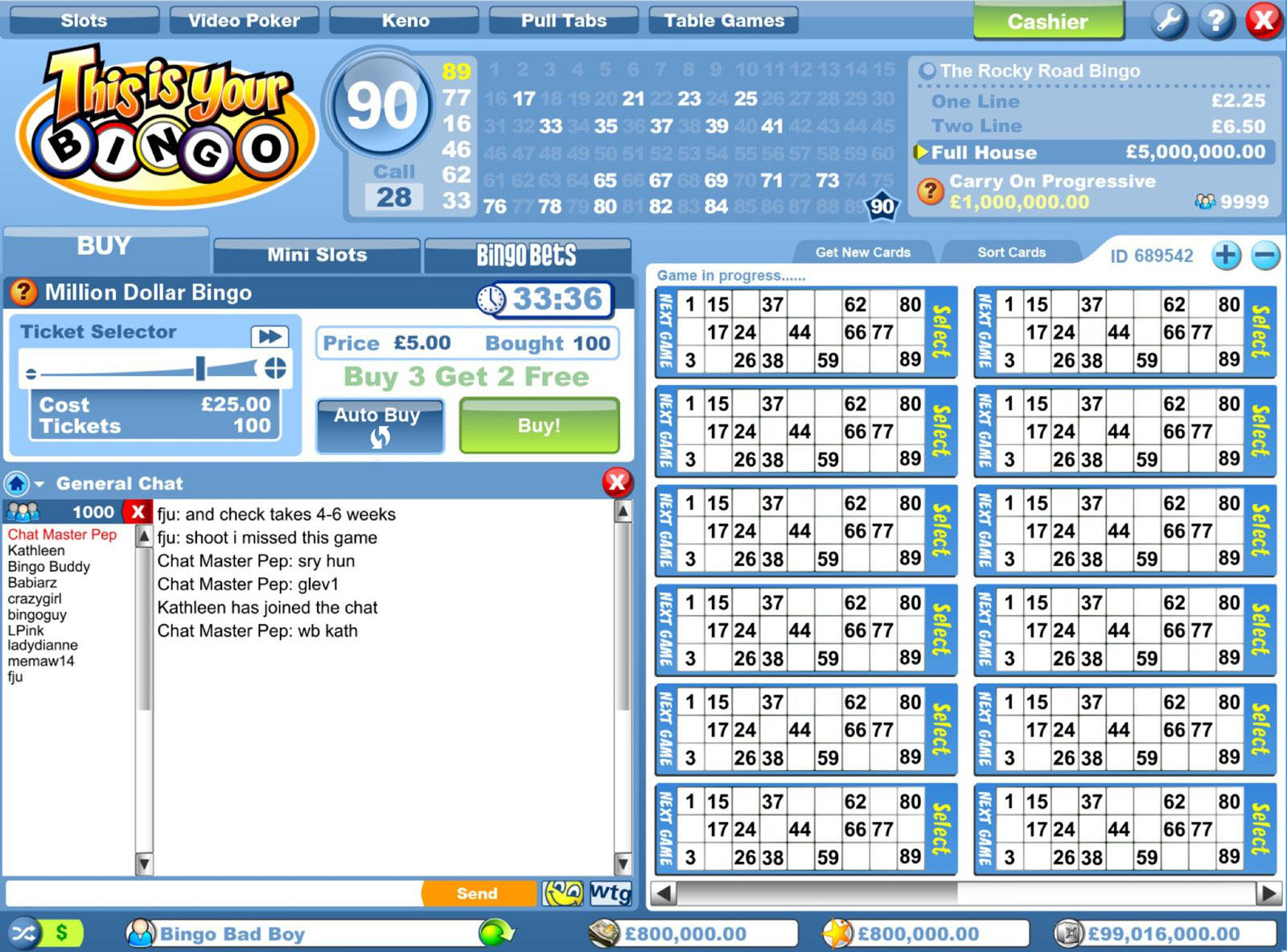 This is Your Bingo 90-ball desktop client: caller at 90, called-number board, Million Dollar Bingo ticket selector, chat, and strip tickets