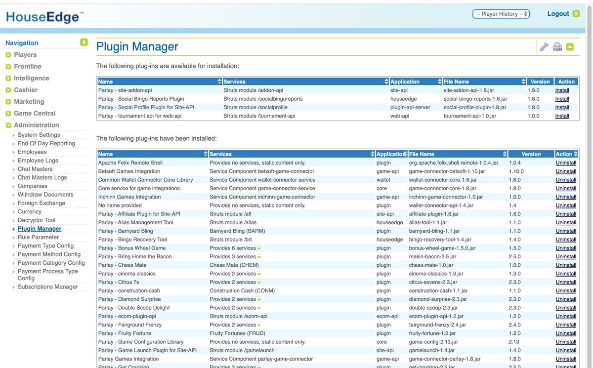 HouseEdge plugin manager with tables of installable and installed game and service plug-ins