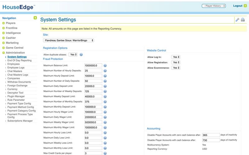 HouseEdge system settings with fraud-protection deposit, wager, and loss limits and website control toggles