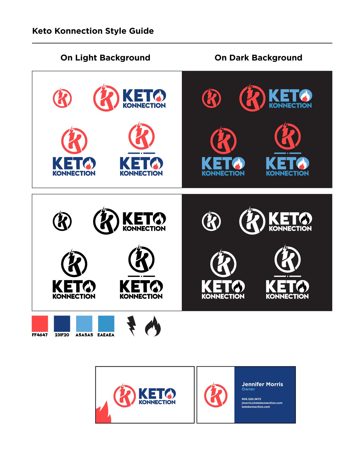 Keto Konnection style guide with logo grids, hex palette chips, glyphs, and business-card mockups