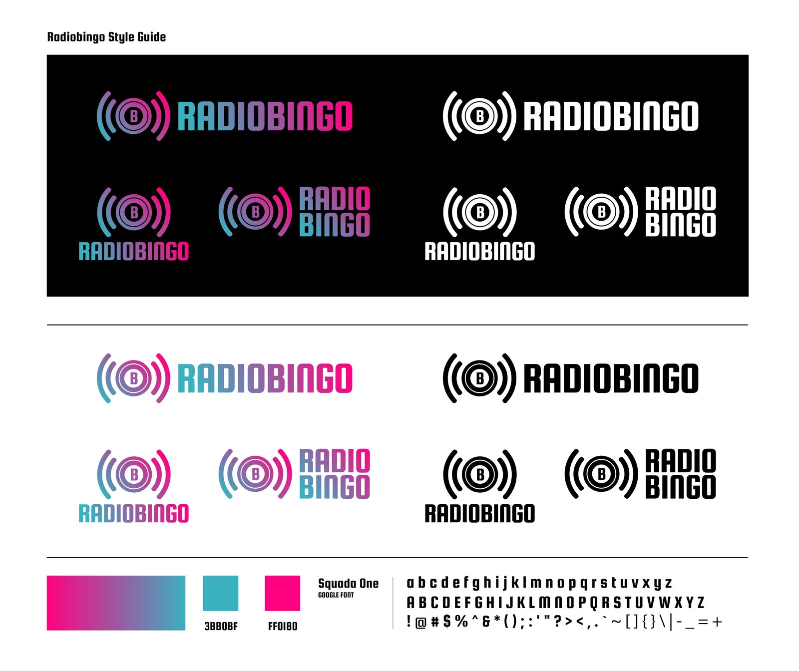 Radio Bingo style guide: gradient radio-wave mark in lockups on black and white, palette swatches, and type specimen