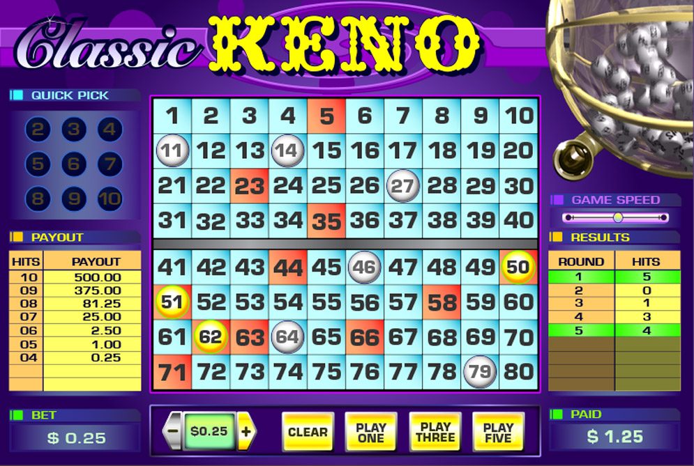 Classic Keno screen: 1 to 80 number board with drawn balls, quick pick, payout table, and game-speed slider