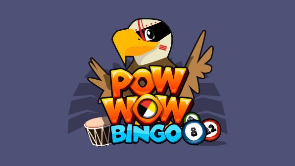 Pow Wow Bingo logo lockup with the eagle mascot rising behind the wordmark, drum, and bingo balls