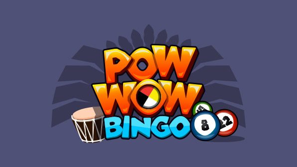 Pow Wow Bingo logo: orange bubble lettering with a medicine-wheel O, drum, and bingo balls