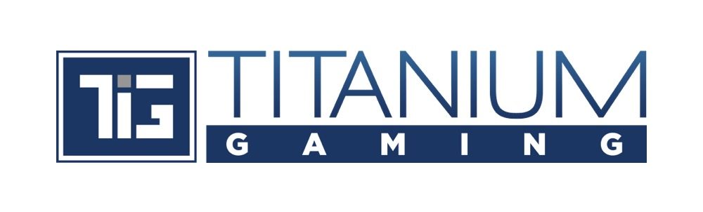 Titanium Gaming logo in navy and steel blue: TG monogram beside a condensed wordmark