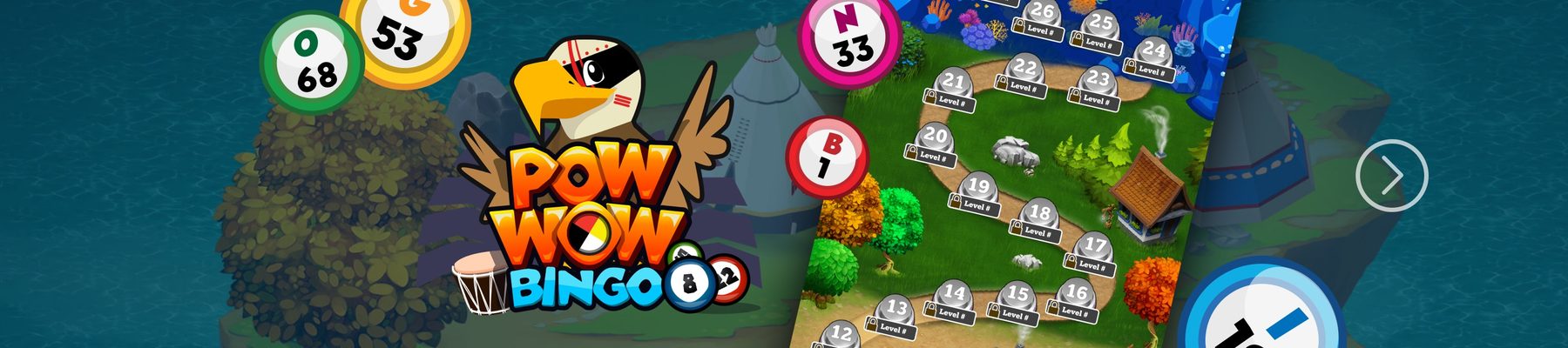 Pow Wow Bingo promotional banner: full-color logo and eagle mascot with angled level-map screenshots on a teal water background