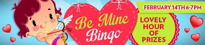 Be Mine Bingo Valentine's strip banner with a cartoon cupid