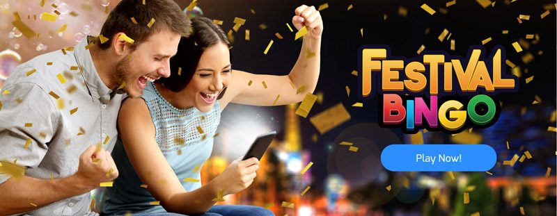 Festival Bingo hero banner: celebrating players and confetti with a Play Now button