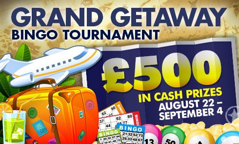 Grand Getaway bingo tournament promo with cartoon airplane and luggage