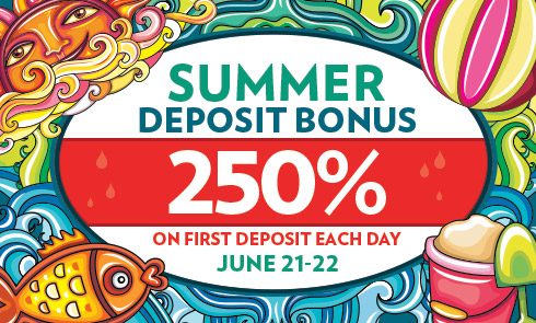 Summer deposit bonus promo in a dense doodle-illustration style