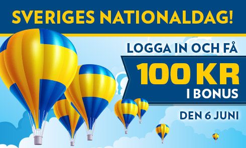 Swedish national day promo with hot-air balloons in flag colors, copy in Swedish
